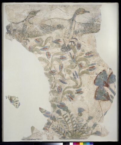 Fragment of painted pavement depicting geese taking flight from a marsh, New Kingdom by Egyptian 18th Dynasty